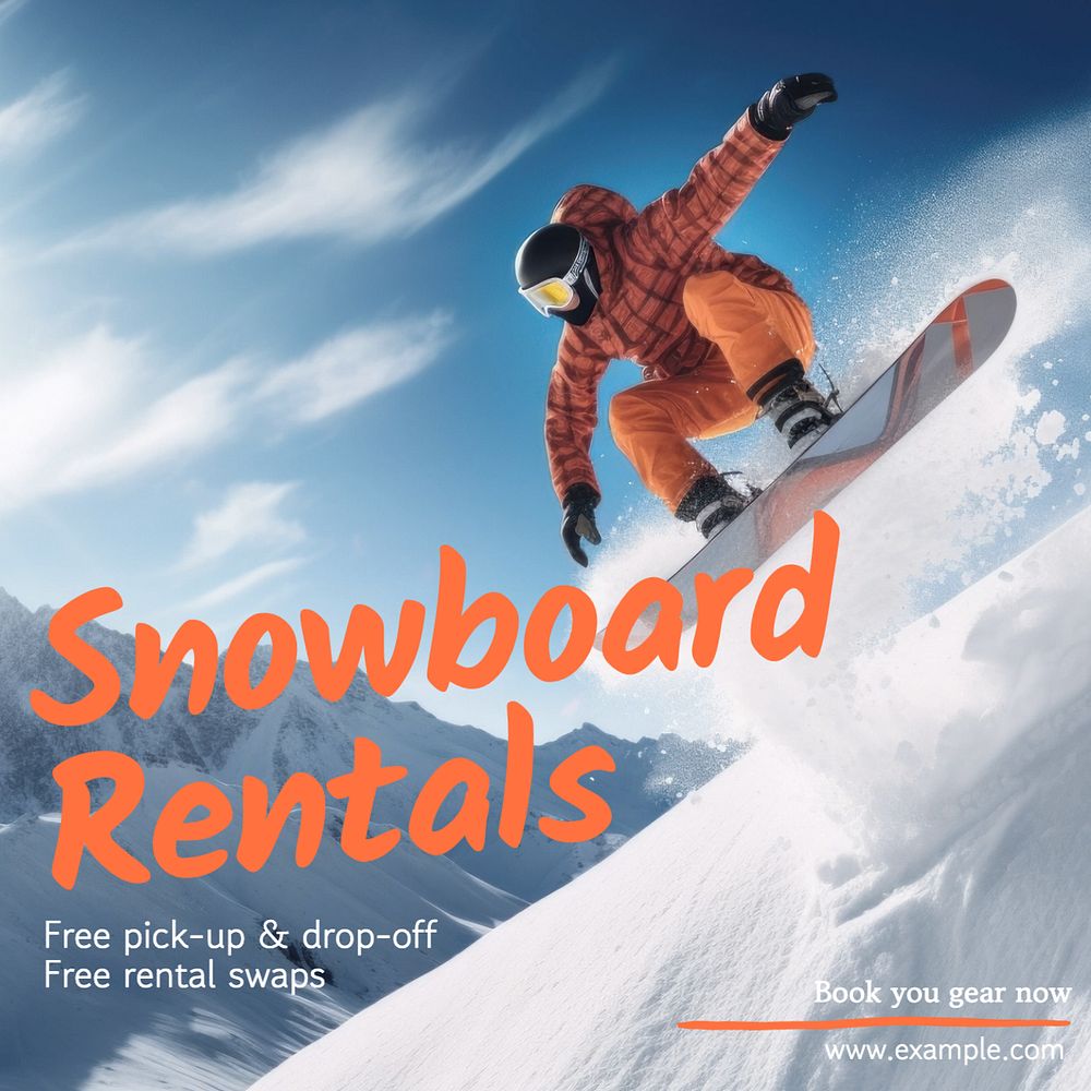 Snowboard rentals Instagram post template, editable text