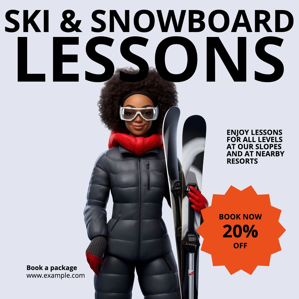 Snowboard lessons Instagram post template, editable text