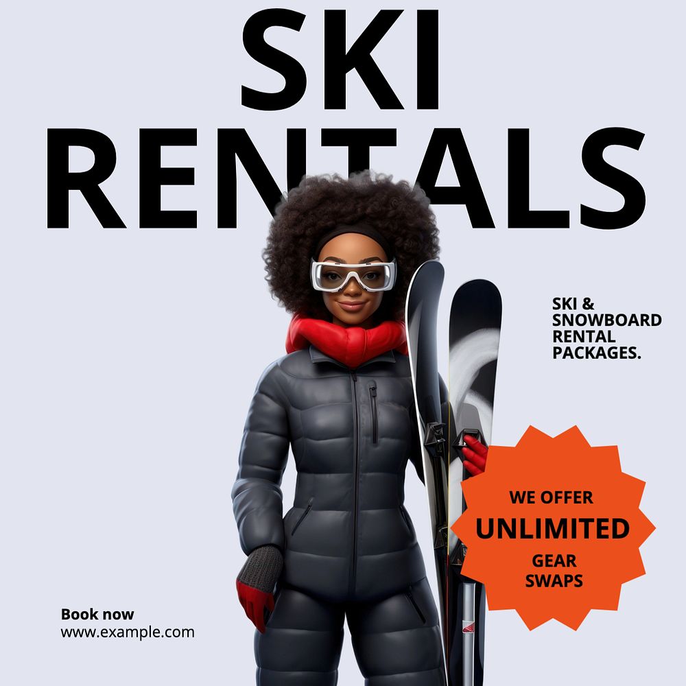 Ski rentals Instagram post template, editable text