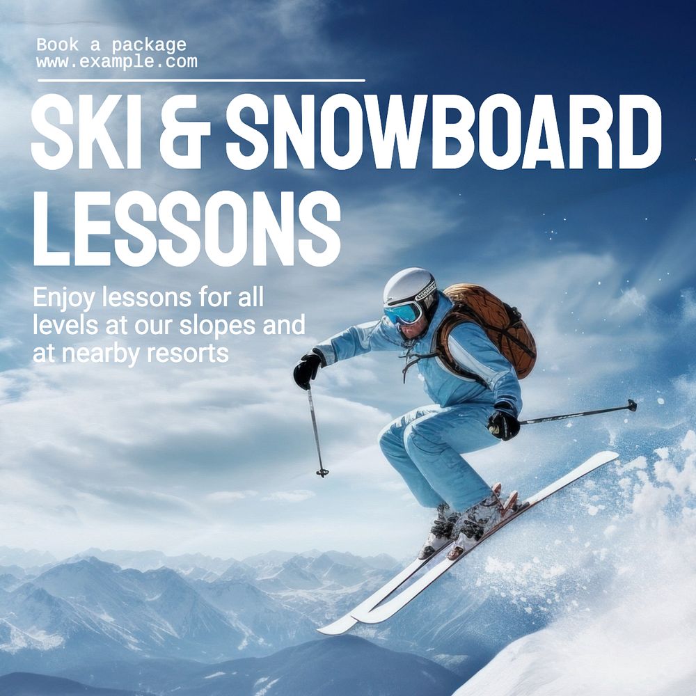 Snowboard lessons Instagram post template, editable text