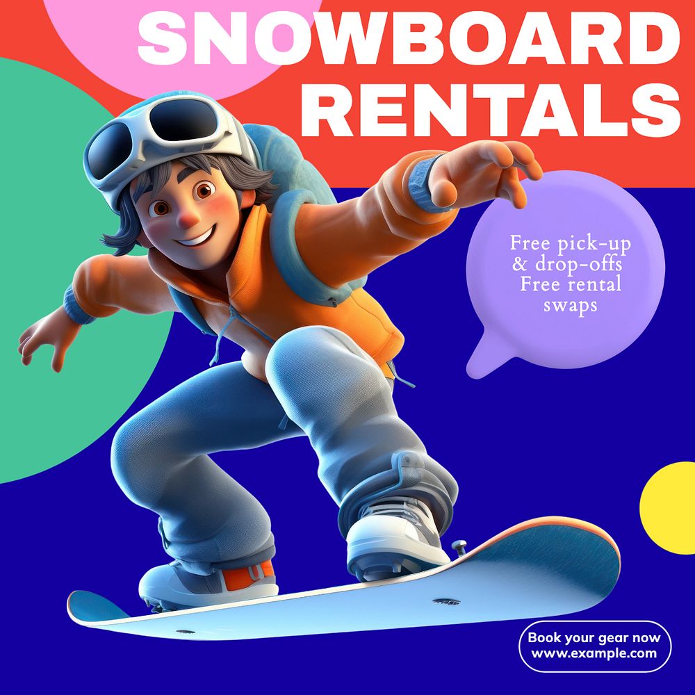 Snowboard rentals Instagram post template, editable text