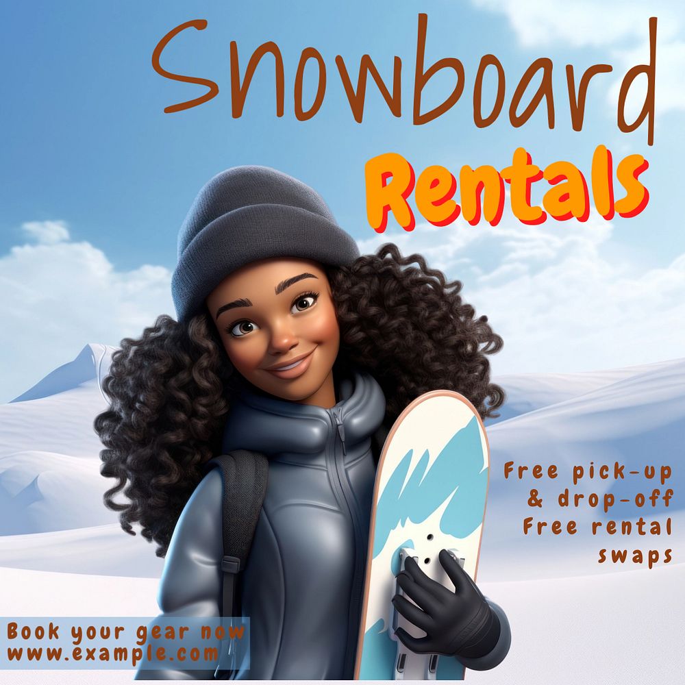 Snowboard rentals Instagram post template, editable text