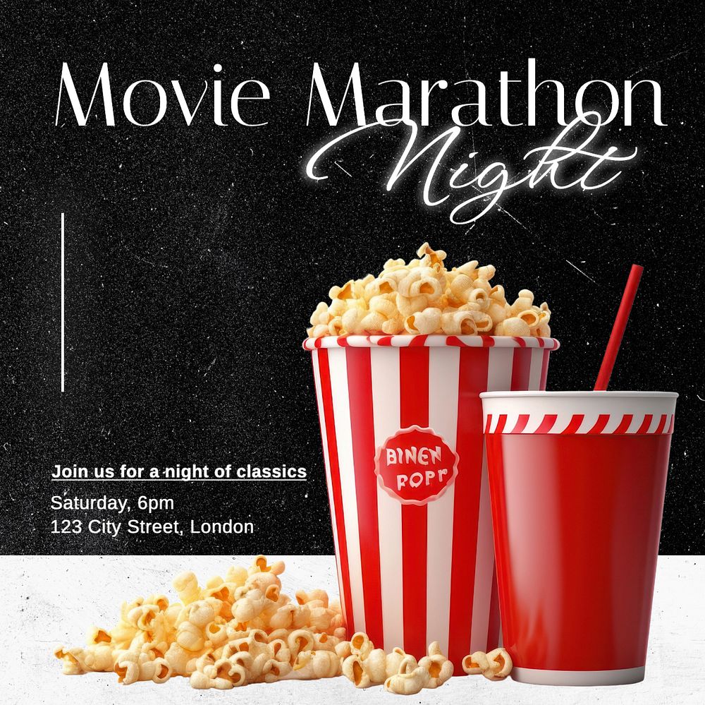 Movie marathon night Instagram post template, editable text