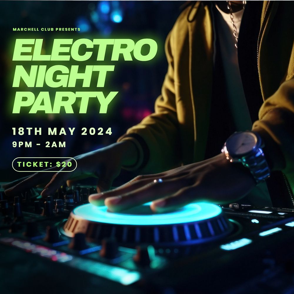 Electro night party Instagram post template, editable text