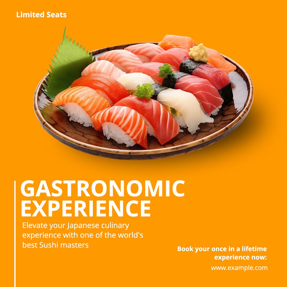 Gastronomic sushi experience Instagram post template, editable text