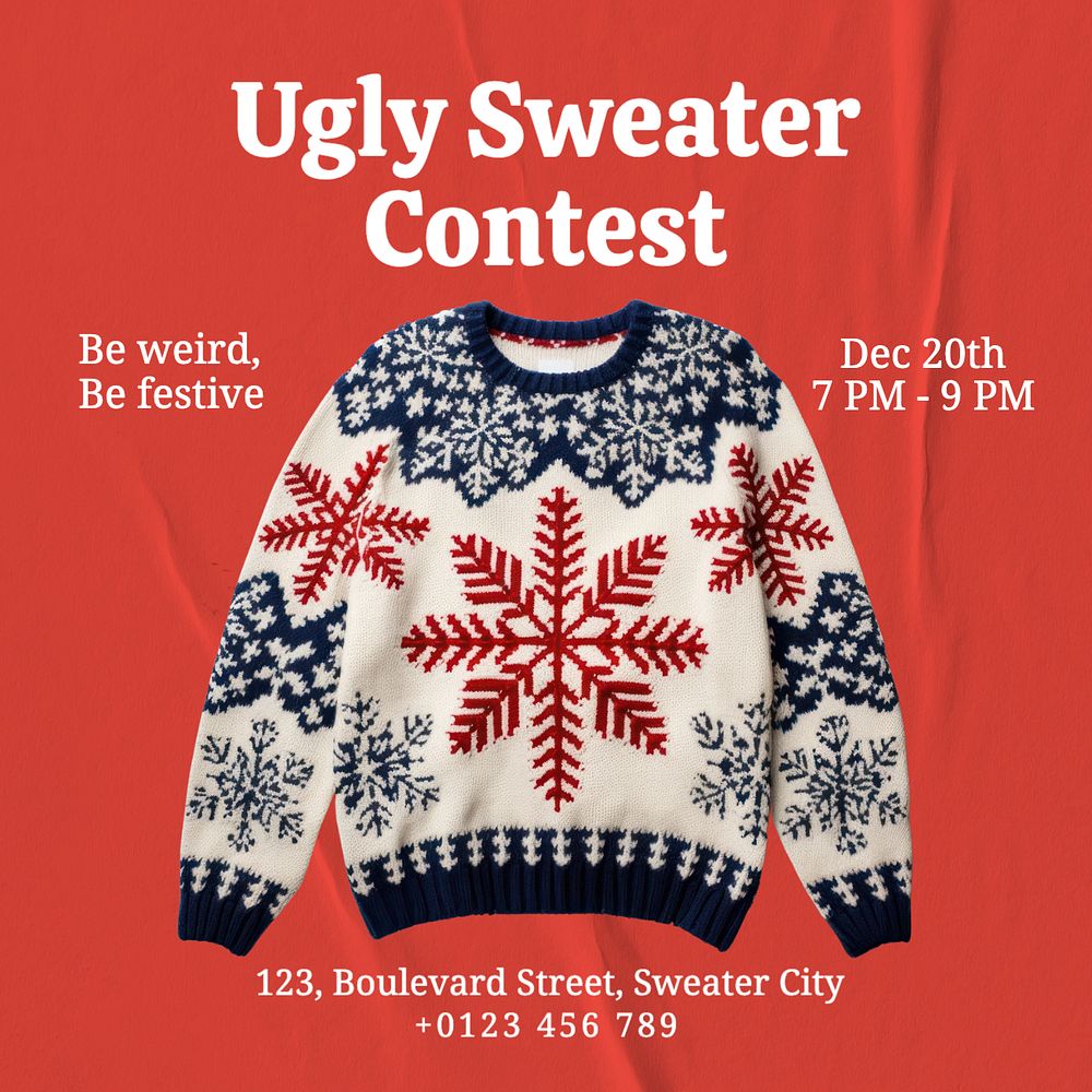 Christmas ugly sweater Instagram post template, editable text