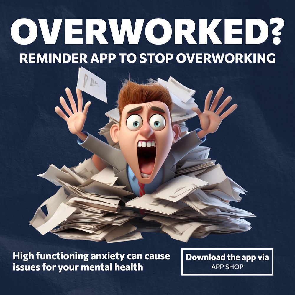 Overworking app ad Instagram post template, editable text