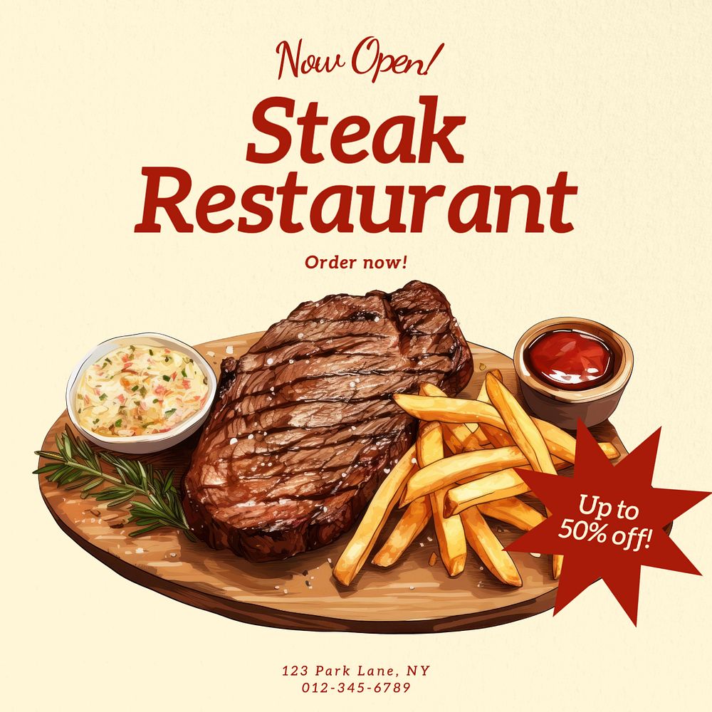 Steak restaurant Instagram post template, editable text