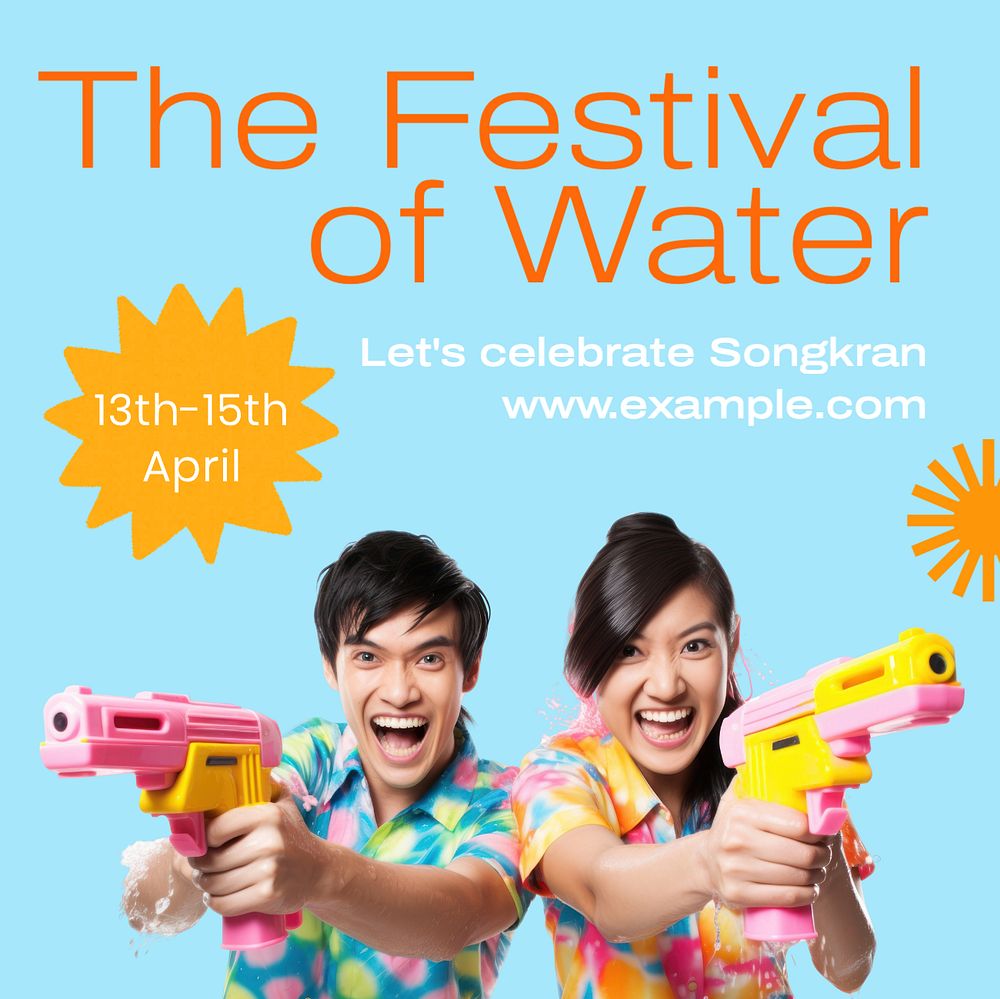 Songkran water festival Instagram post template, editable text