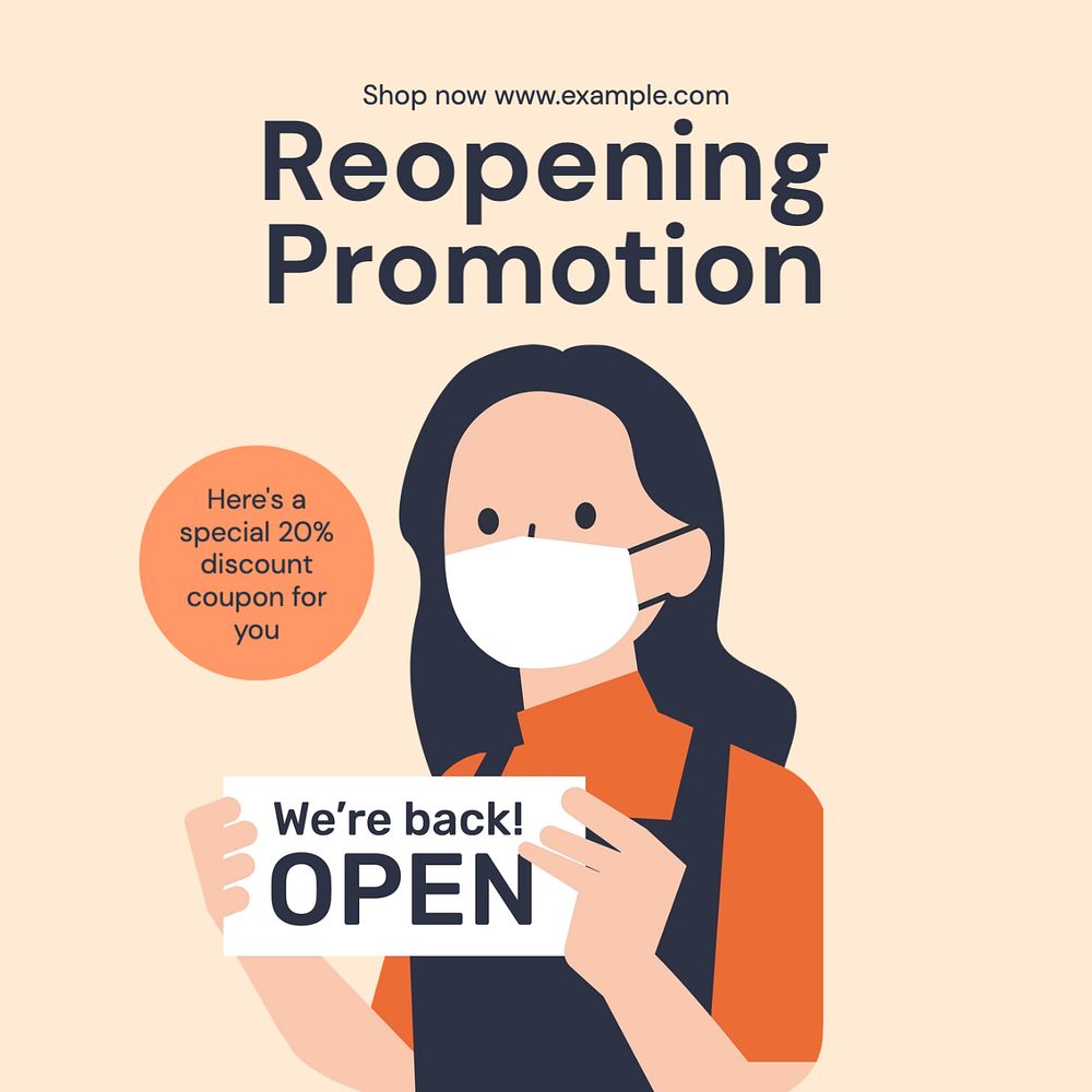 Reopening promotion Instagram post template, editable text