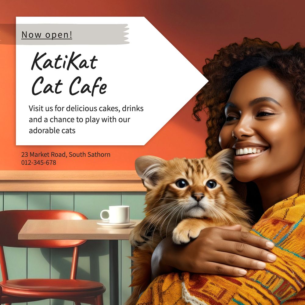 Cat cafe Instagram post template, editable text