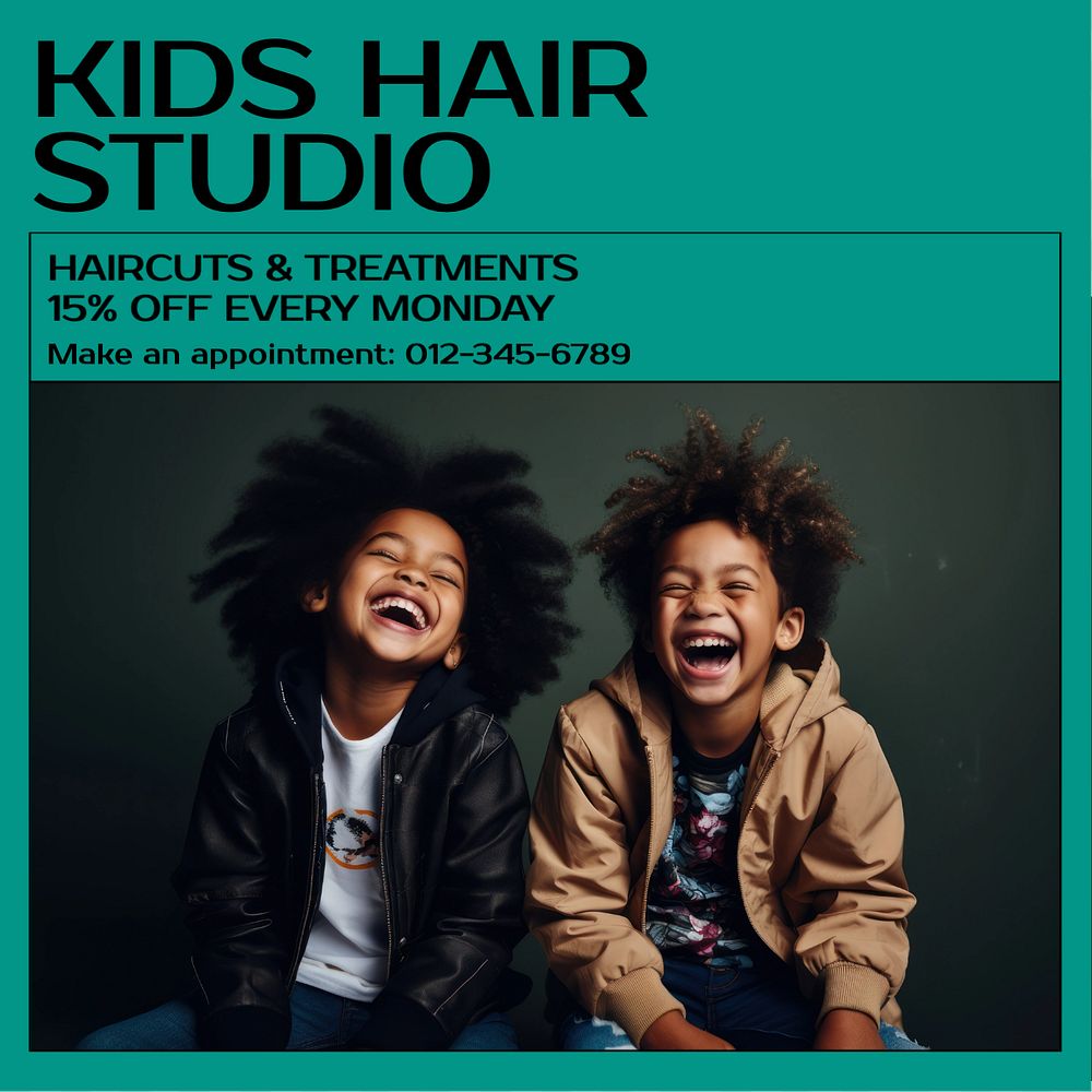 Kid's hair studio Instagram post template, editable text