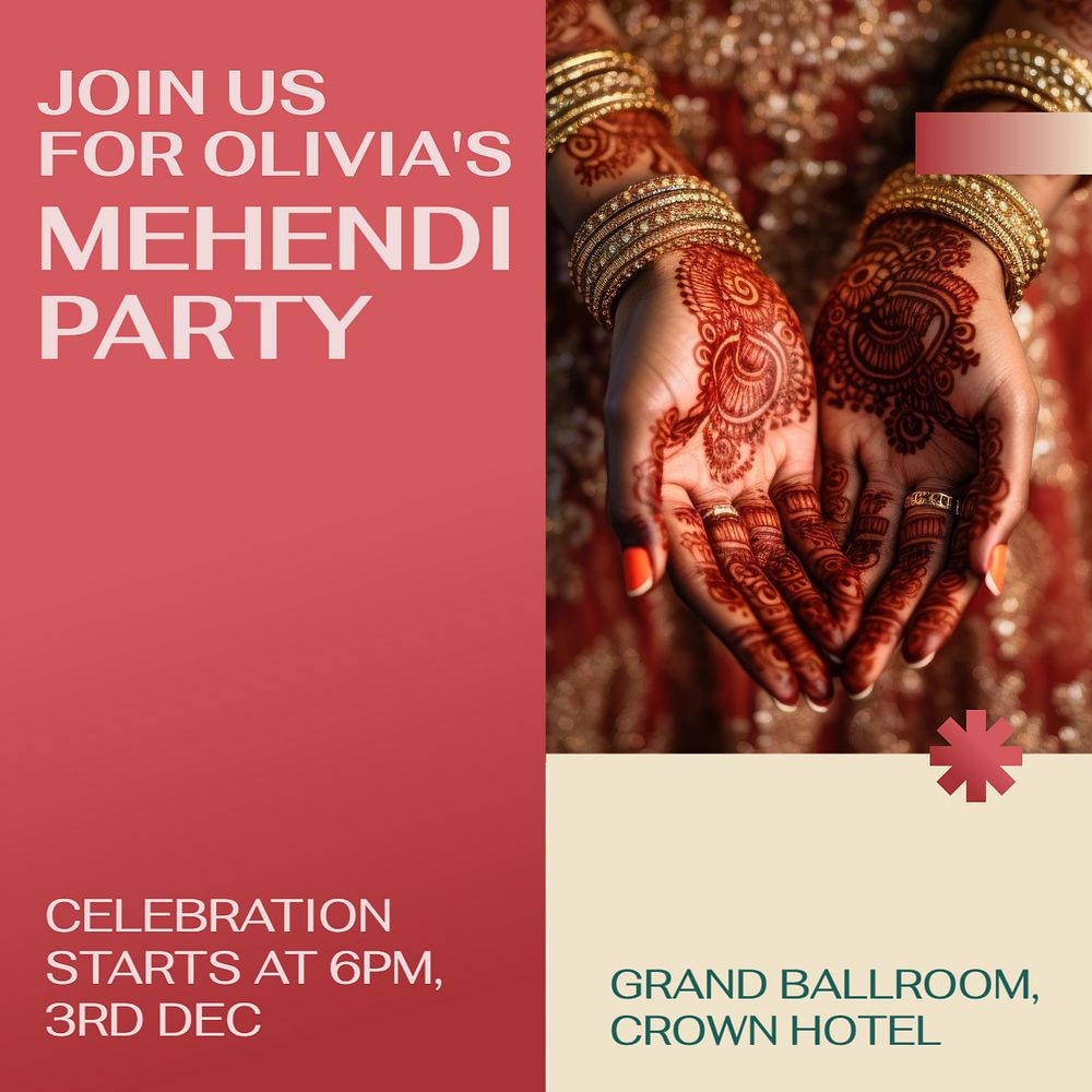 Mehendi & henna party Instagram post template, editable text