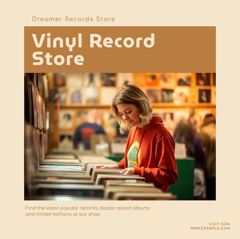 Vinyl record store Instagram post template, editable text