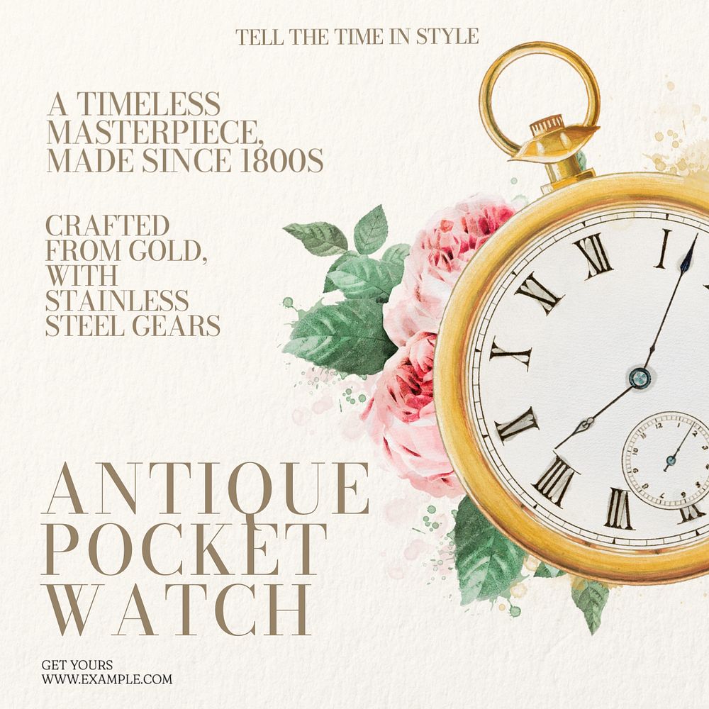 Antique pocket watches Instagram post template, editable text