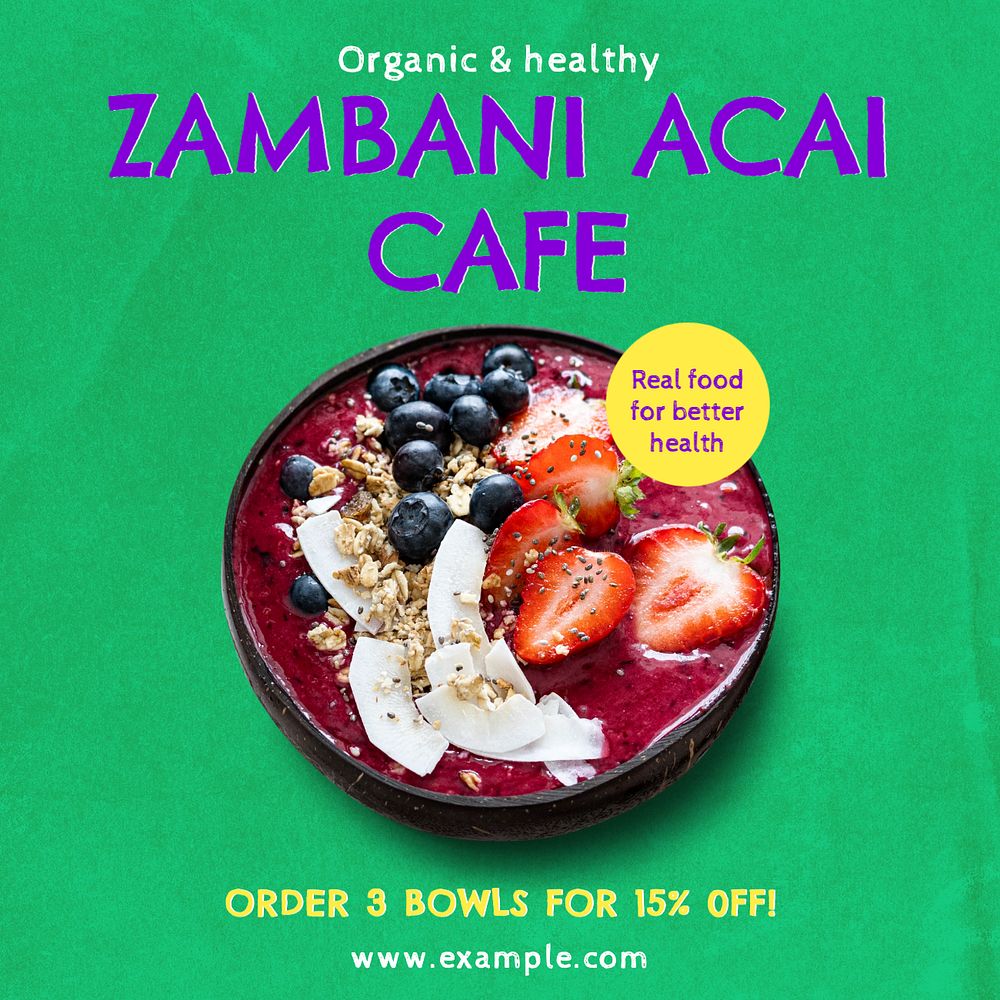 Acai cafe Facebook post template, editable design