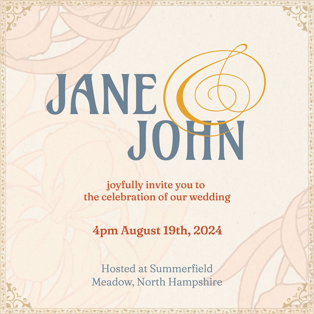 Wedding invitation Instagram post template, editable text