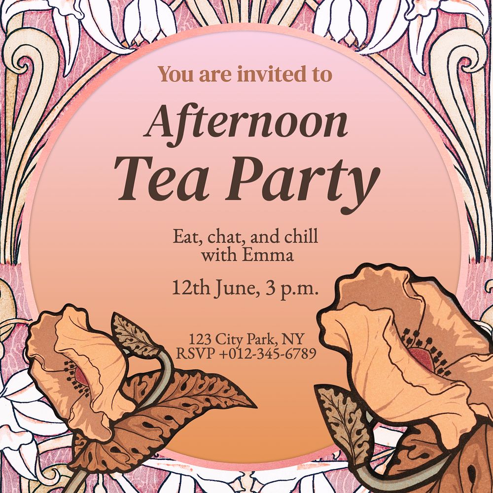 Tea party invitation Instagram post template, editable text