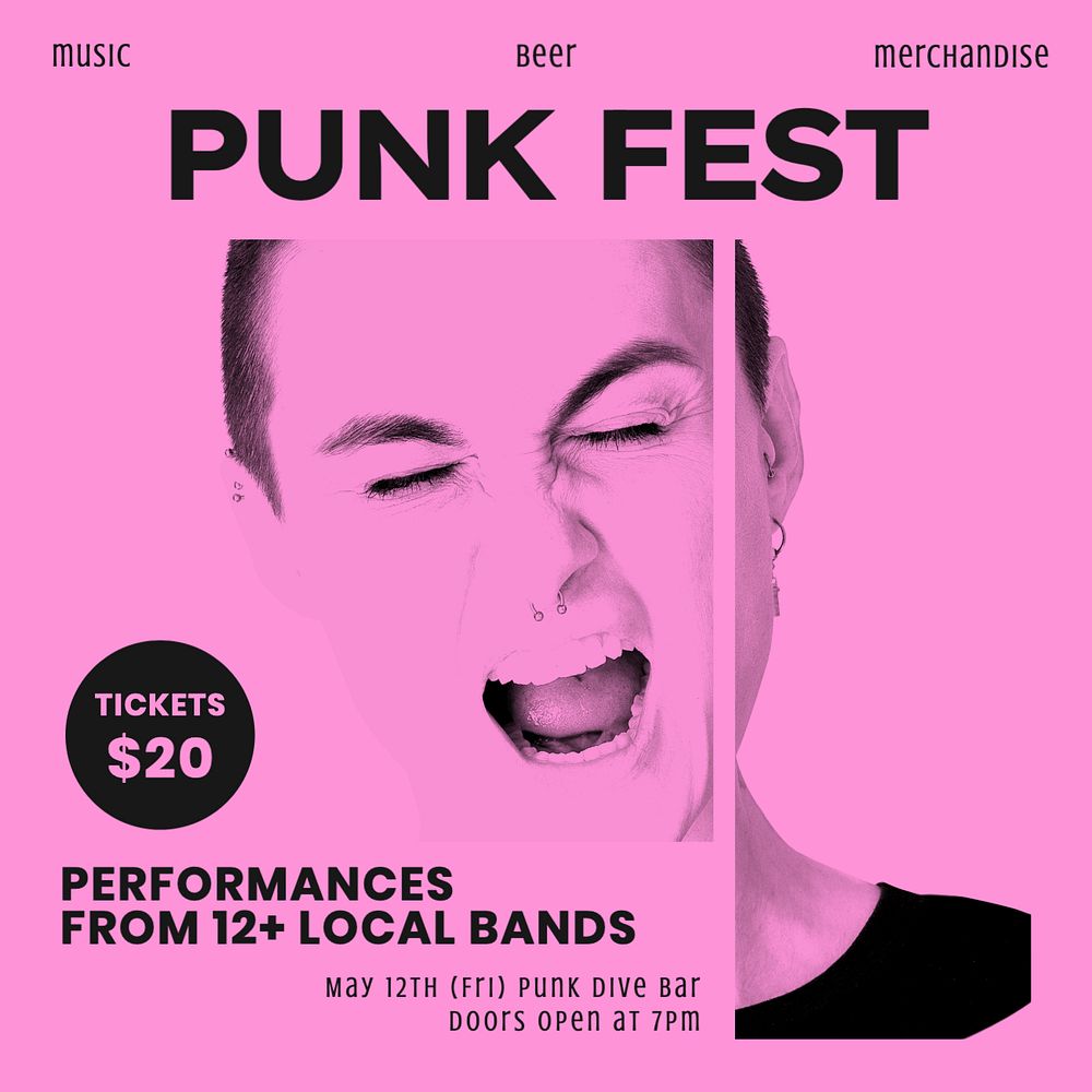 Punk music festival post template, editable social media design