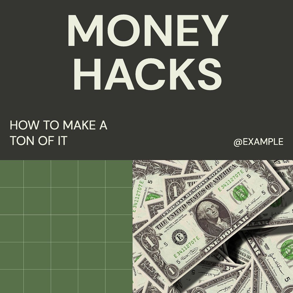 Money hacks Instagram post template, editable text