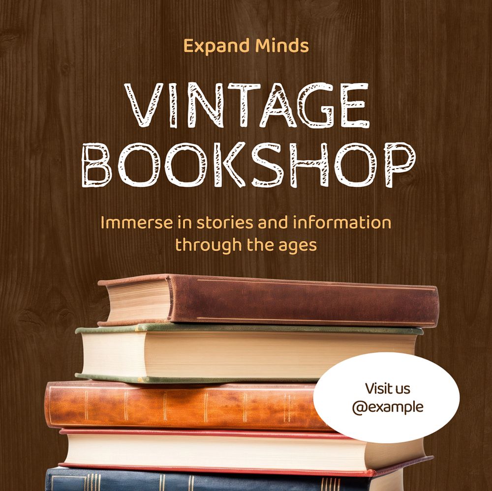 Vintage bookshop Instagram post template, editable text