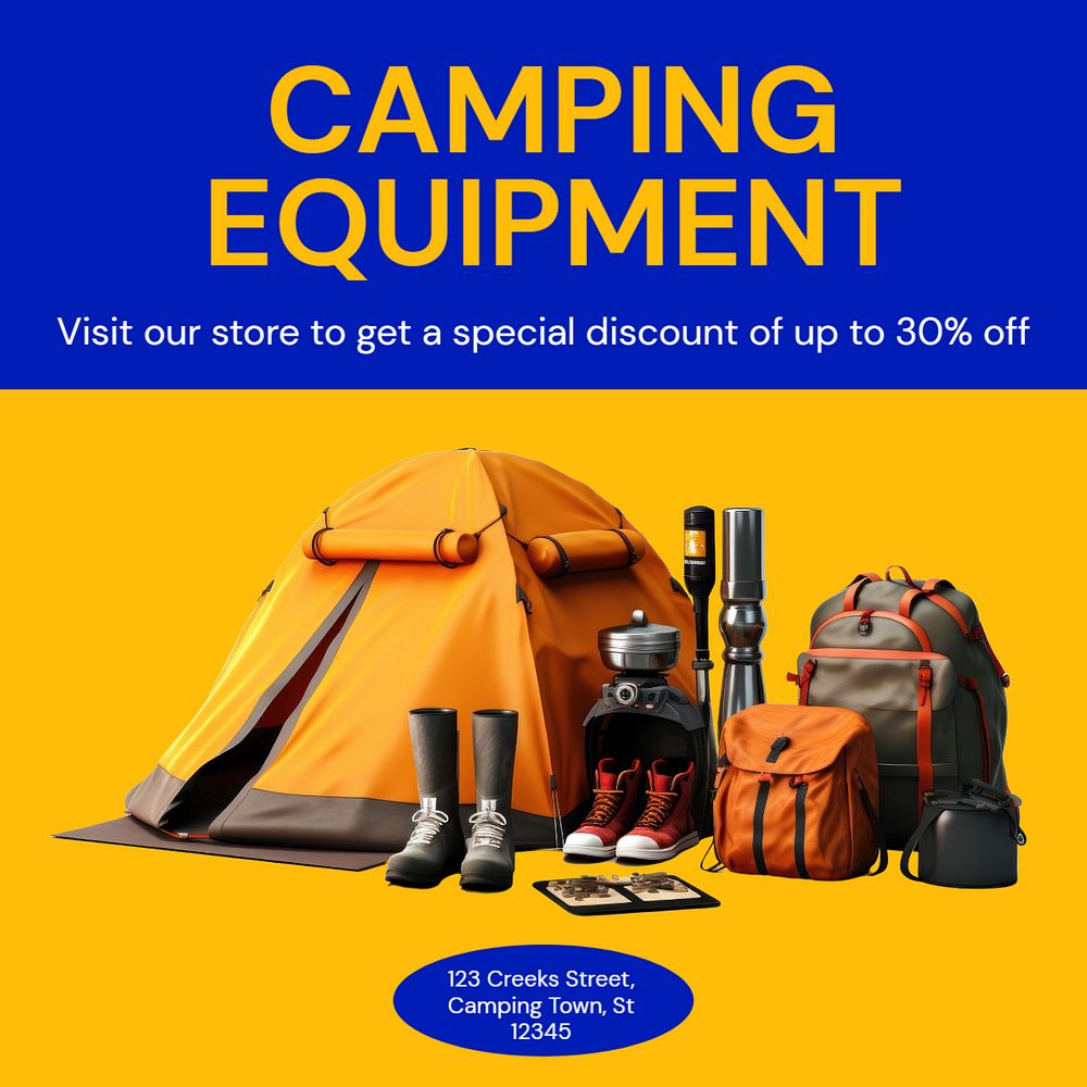 Camping equipment Instagram post template, editable text