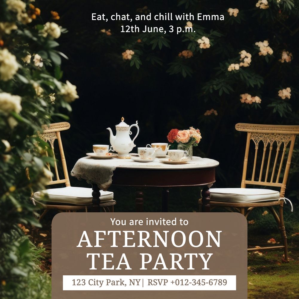 Tea party invitation Instagram post template, editable text