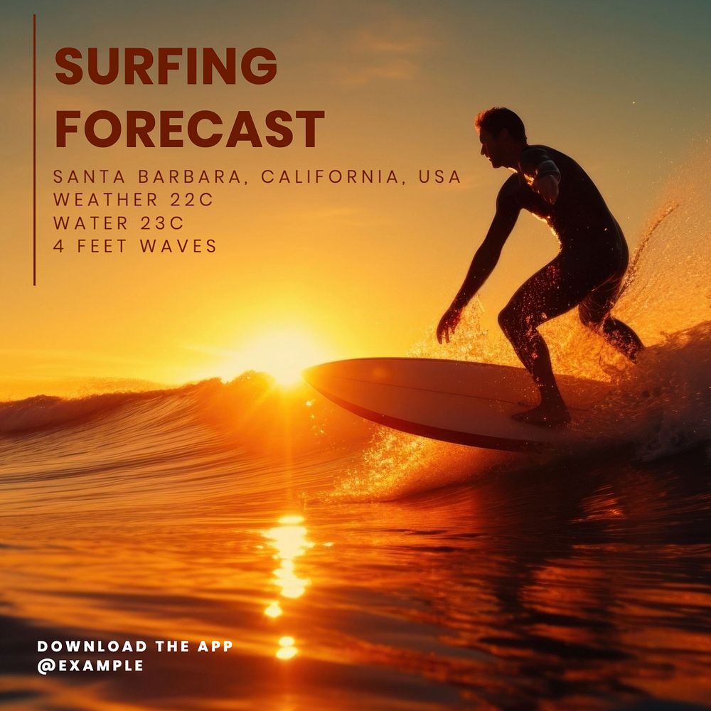 Surfing forecast Instagram post template, editable text