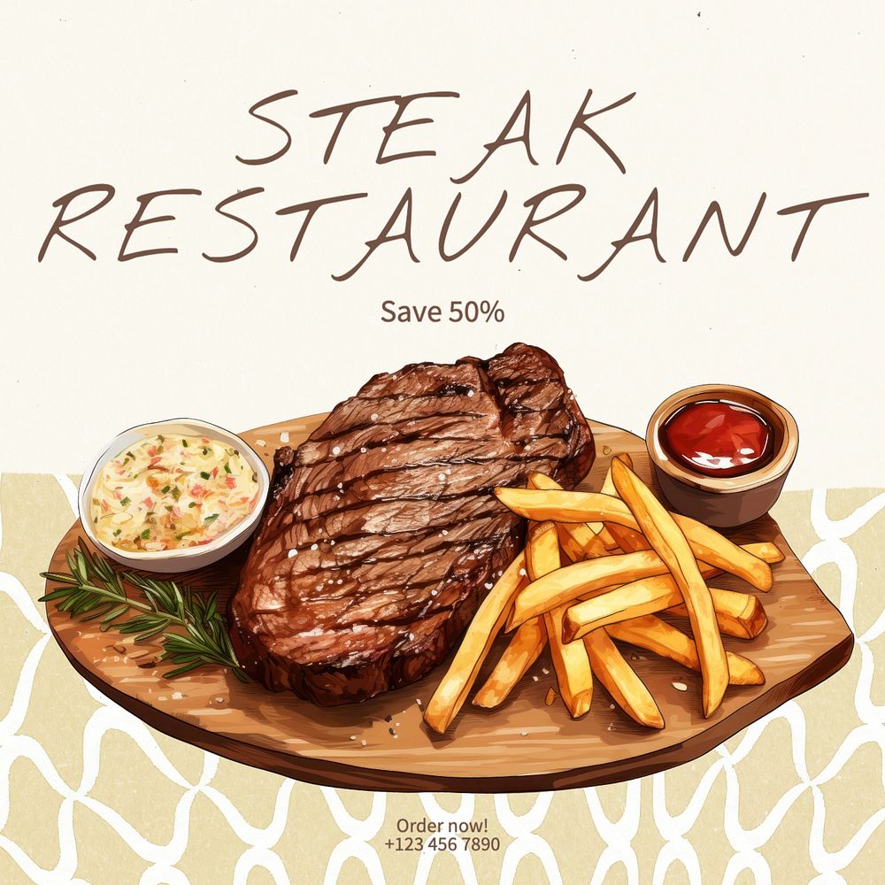 Steak restaurant Instagram post template, editable text