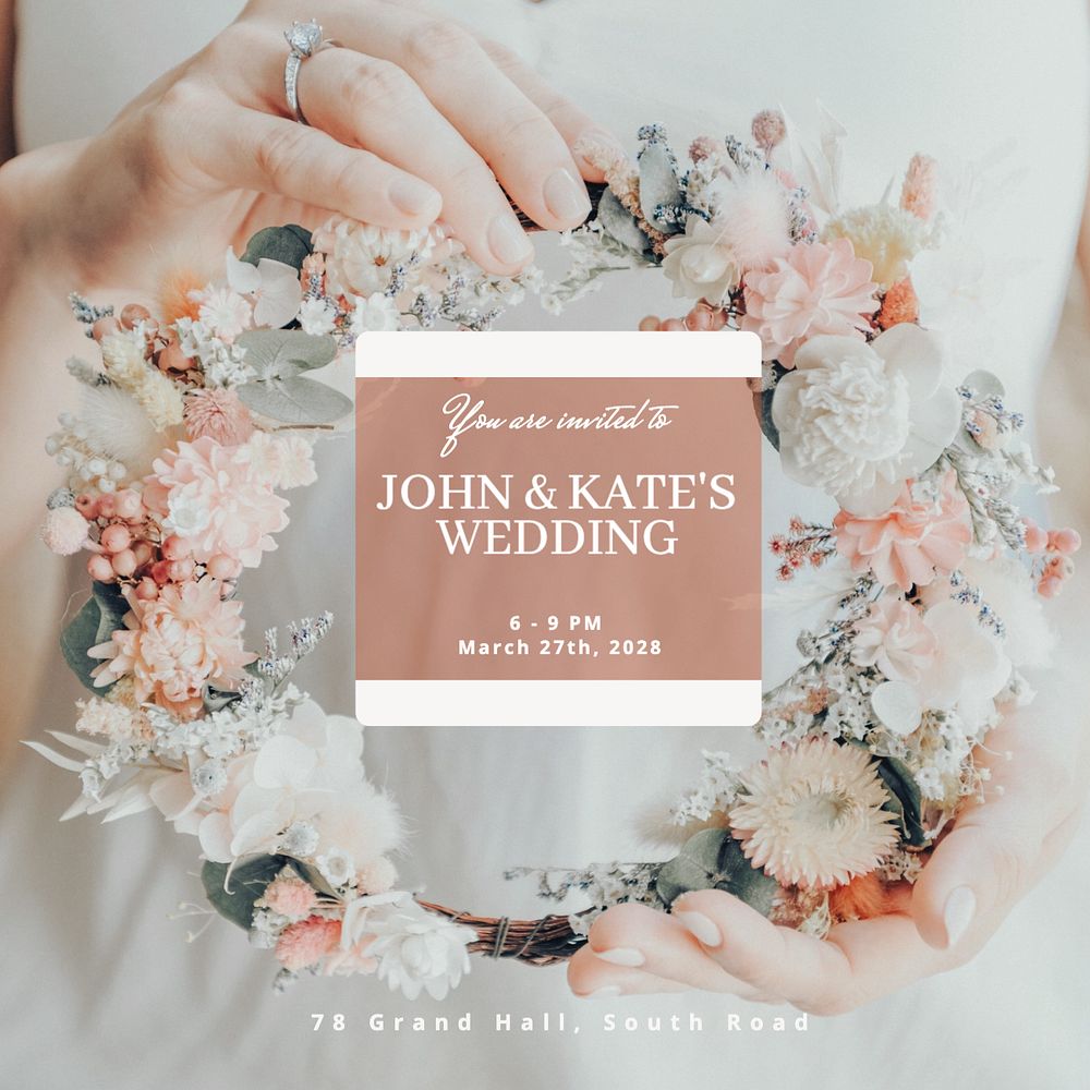 Wedding invitation Instagram post template, editable text