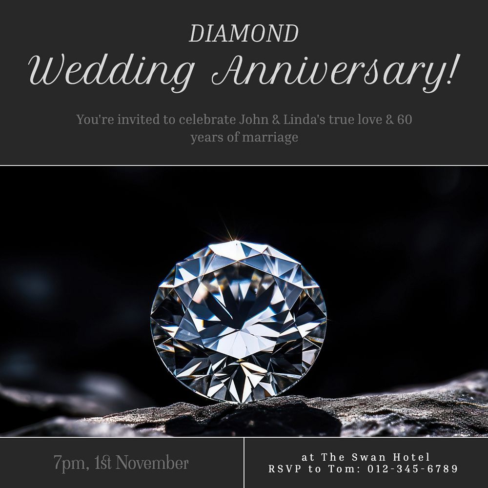 Diamond wedding anniversary Instagram post template, editable text