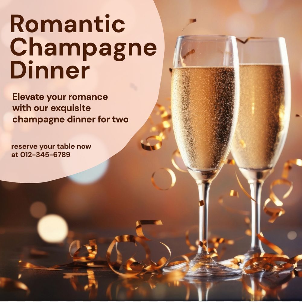 Romantic Champagne dinner Instagram post template, editable text