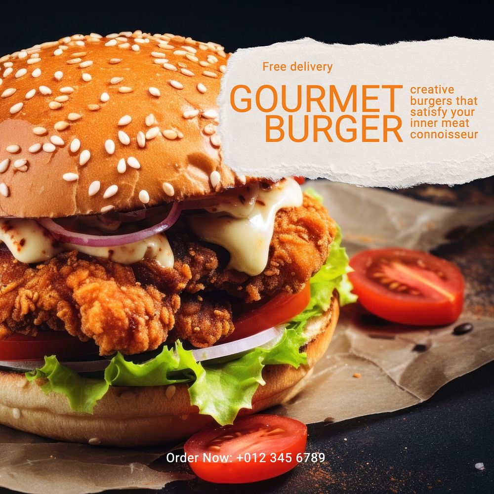 Gourmet burger Instagram post template, editable text