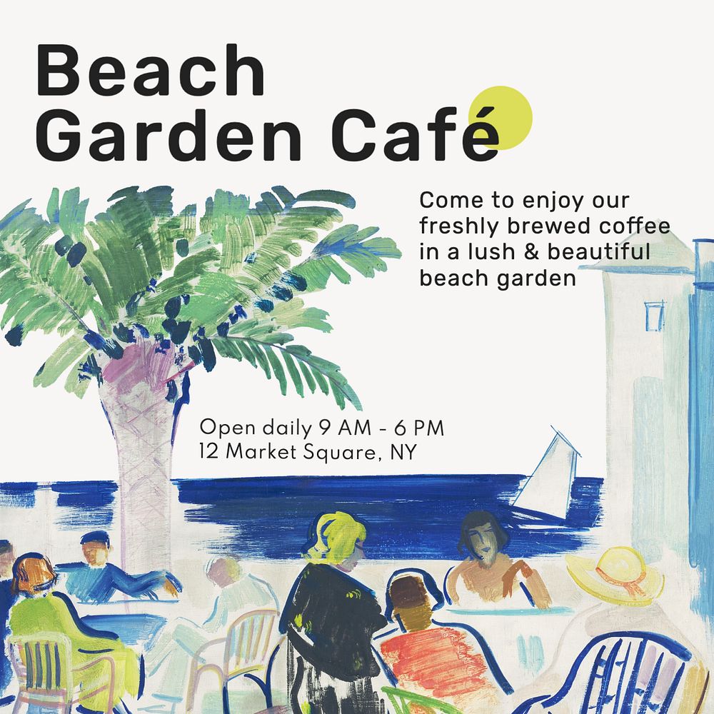 Beach cafe Instagram post template, editable text