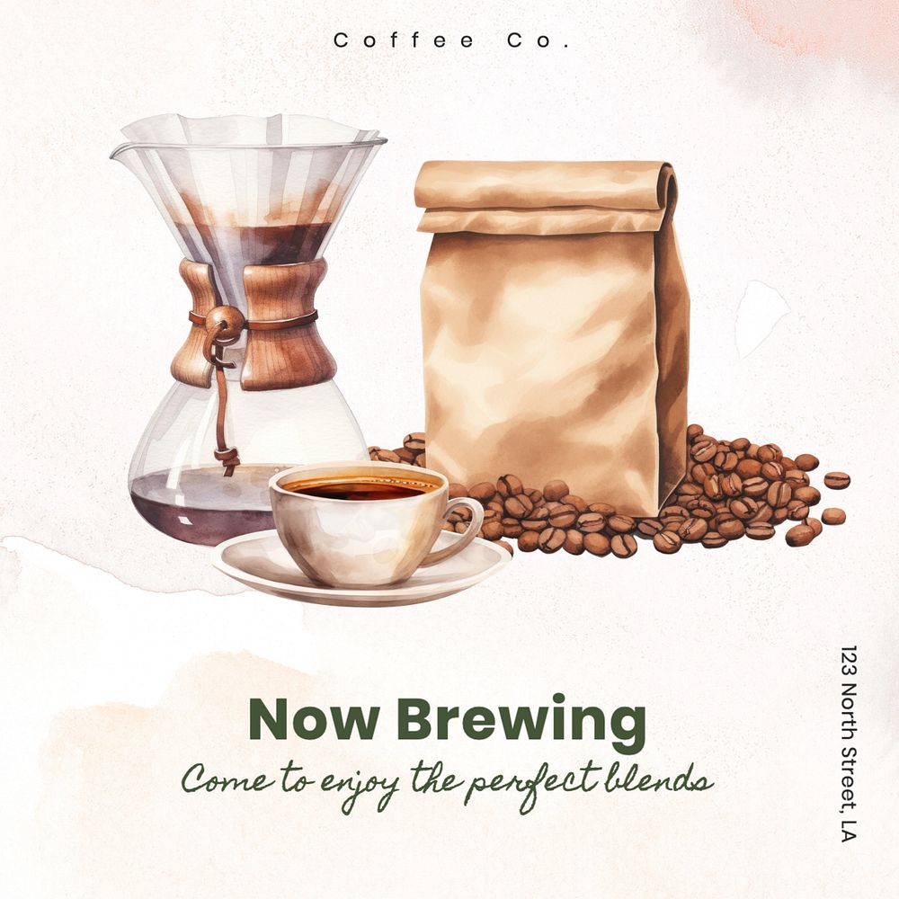 Now brewing, cafe Instagram post template, editable text