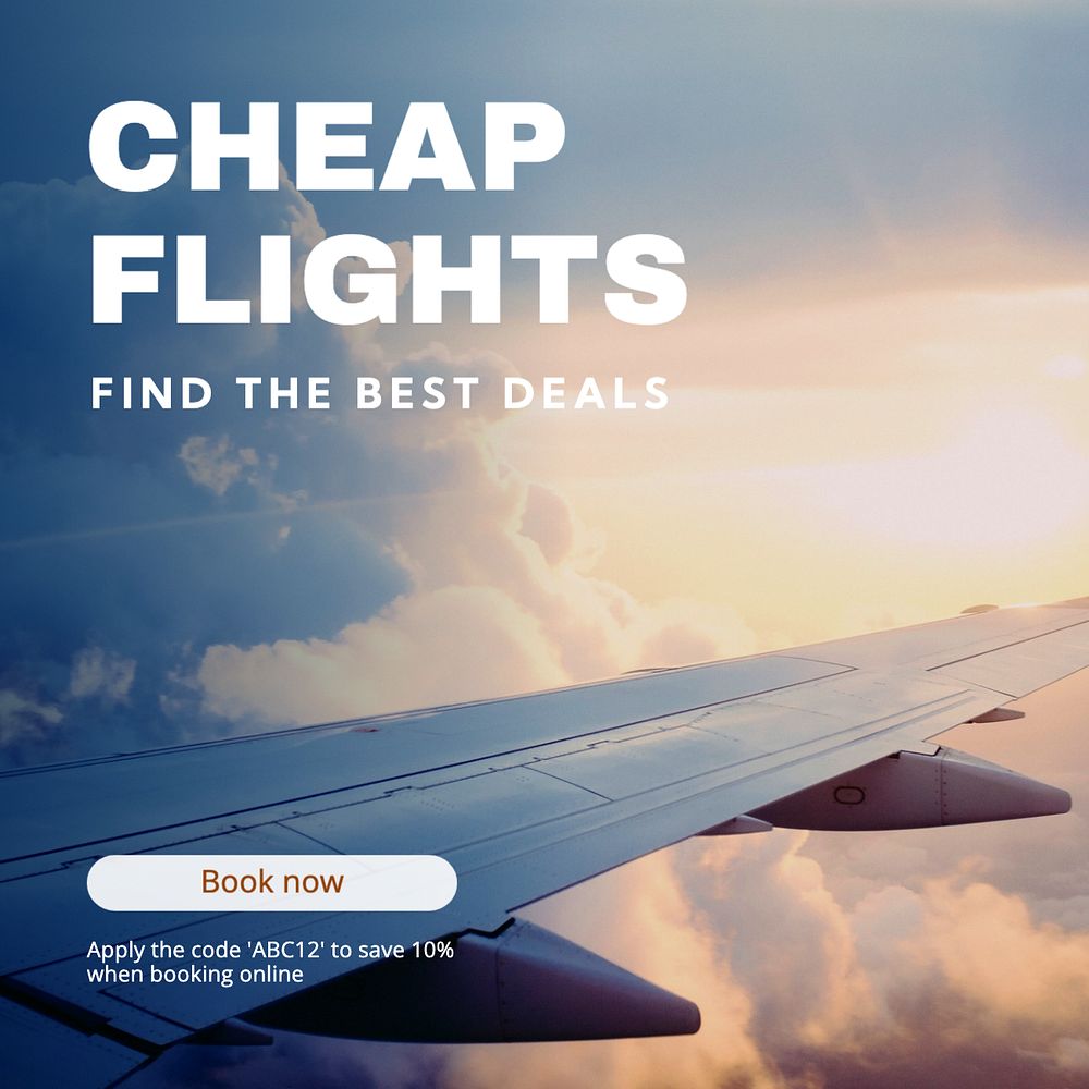 Cheapest flights  Instagram post template, editable text