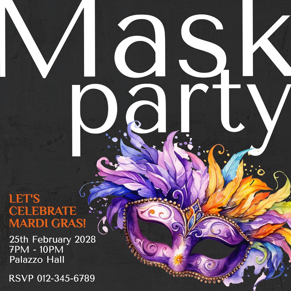 Mask party Instagram post template, editable text