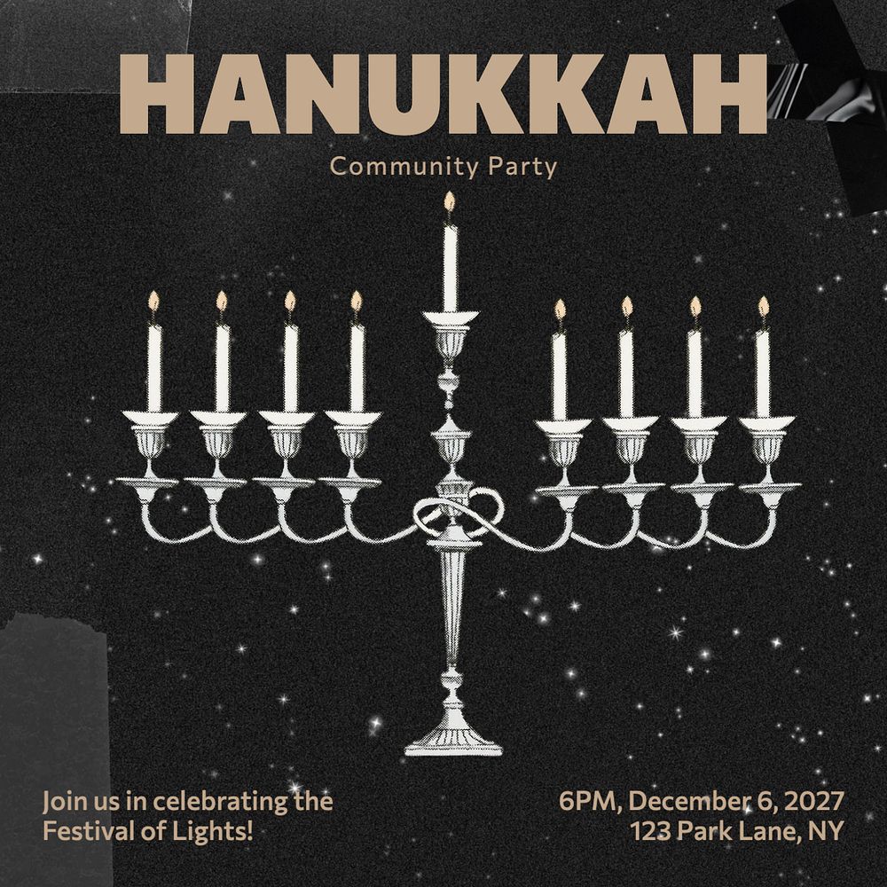 Hanukkah community party Instagram post template, editable text