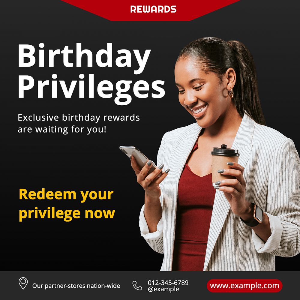 Birthday privileges Instagram post template, editable text