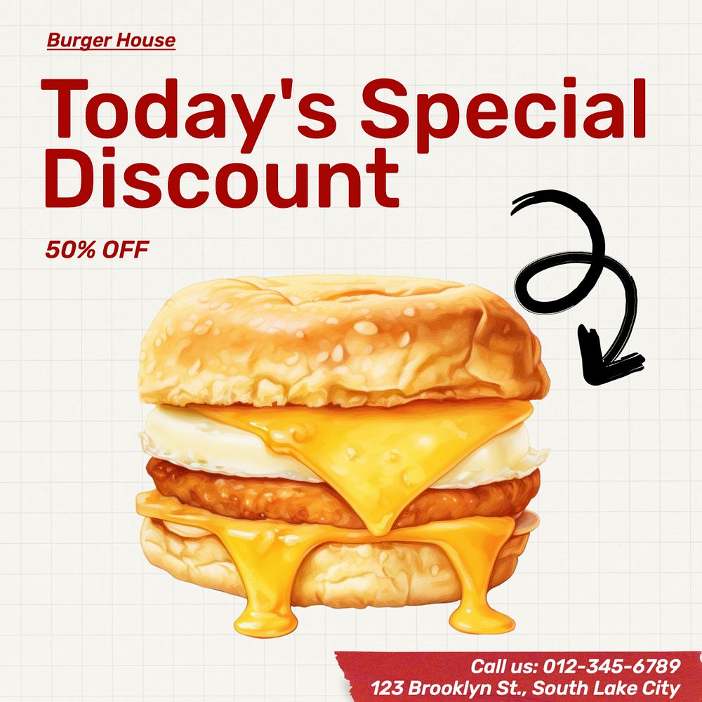 Burger discount Facebook post template, editable design