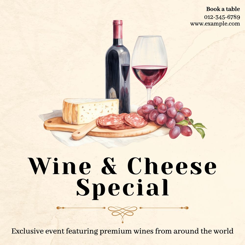 Wine & cheese special Facebook post template, editable design