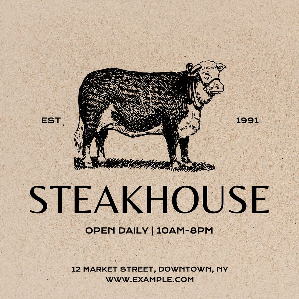 Steakhouse restaurant Instagram post template, editable text