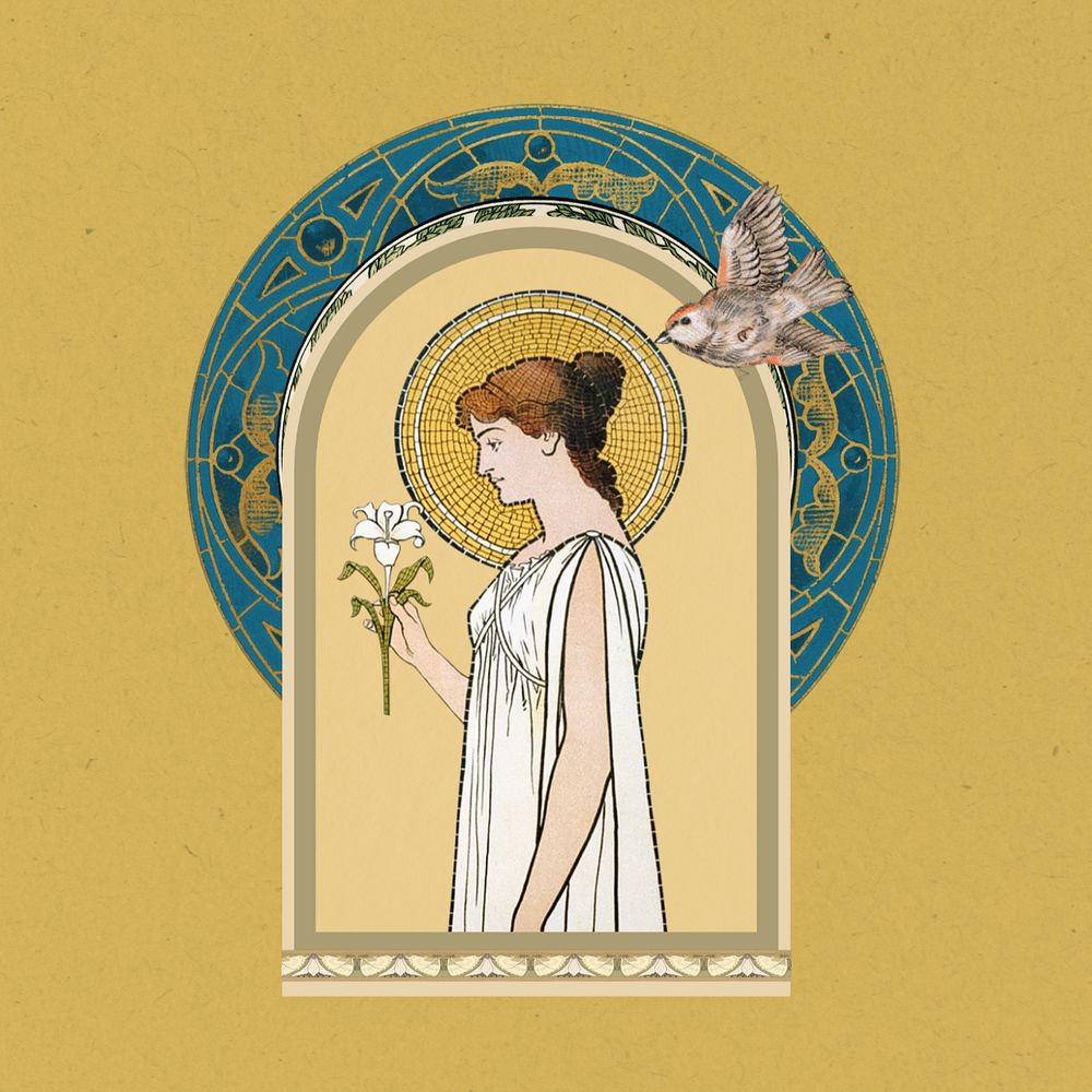 Woman holding flower, vintage art nouveau illustration. Remixed by rawpixel.