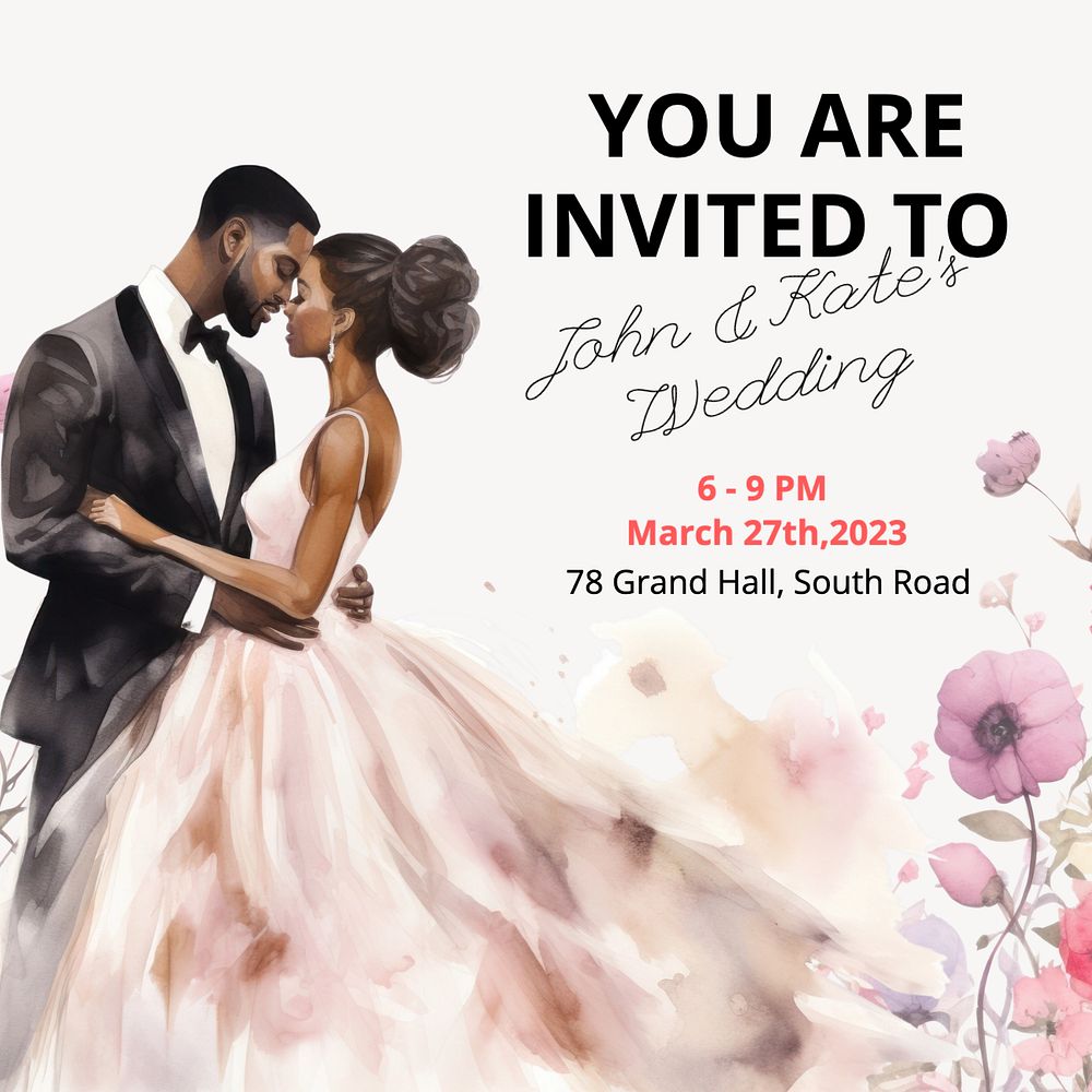 Wedding invitation Instagram post template, editable text