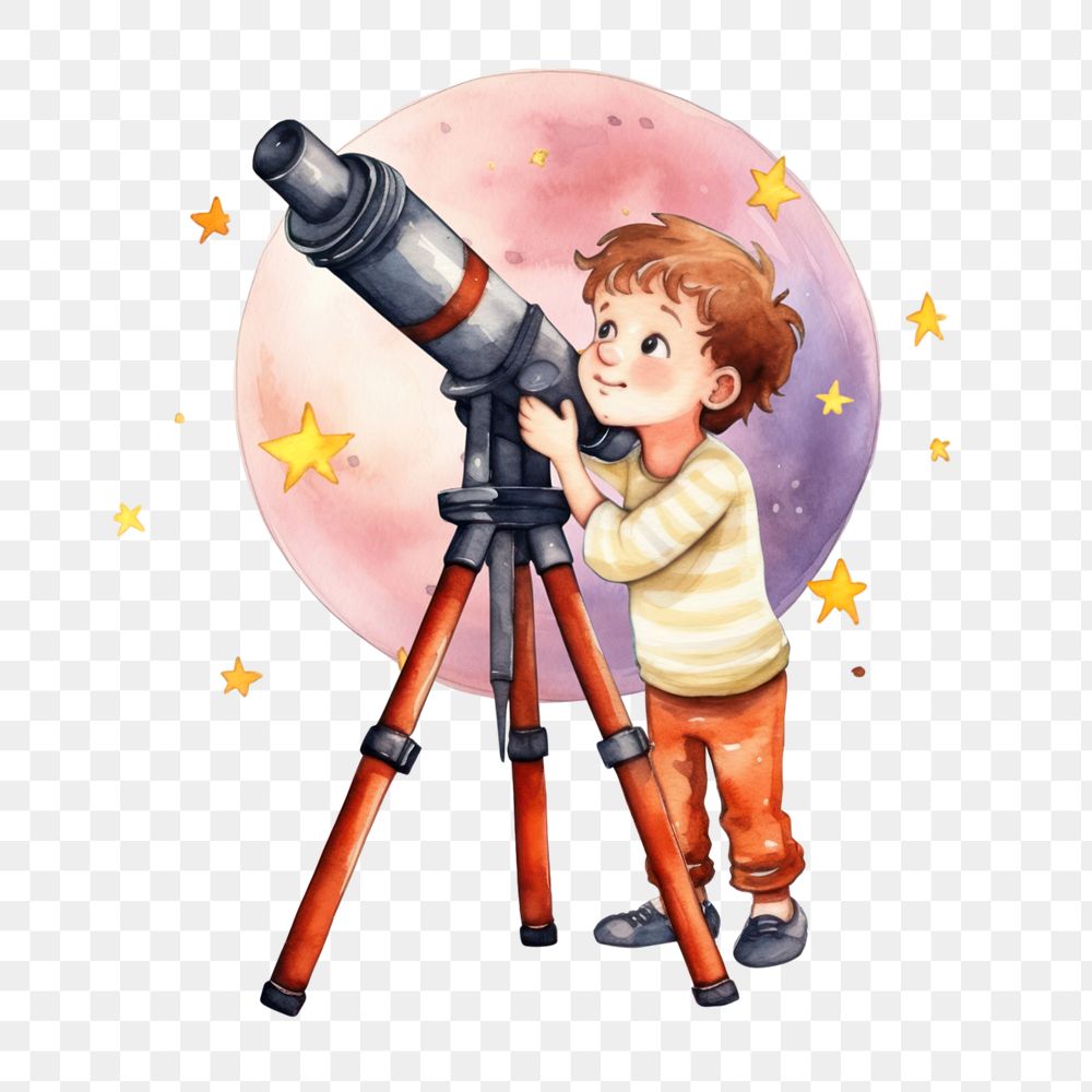 Boy using astronomical telescope png, watercolor illustration, editable remix