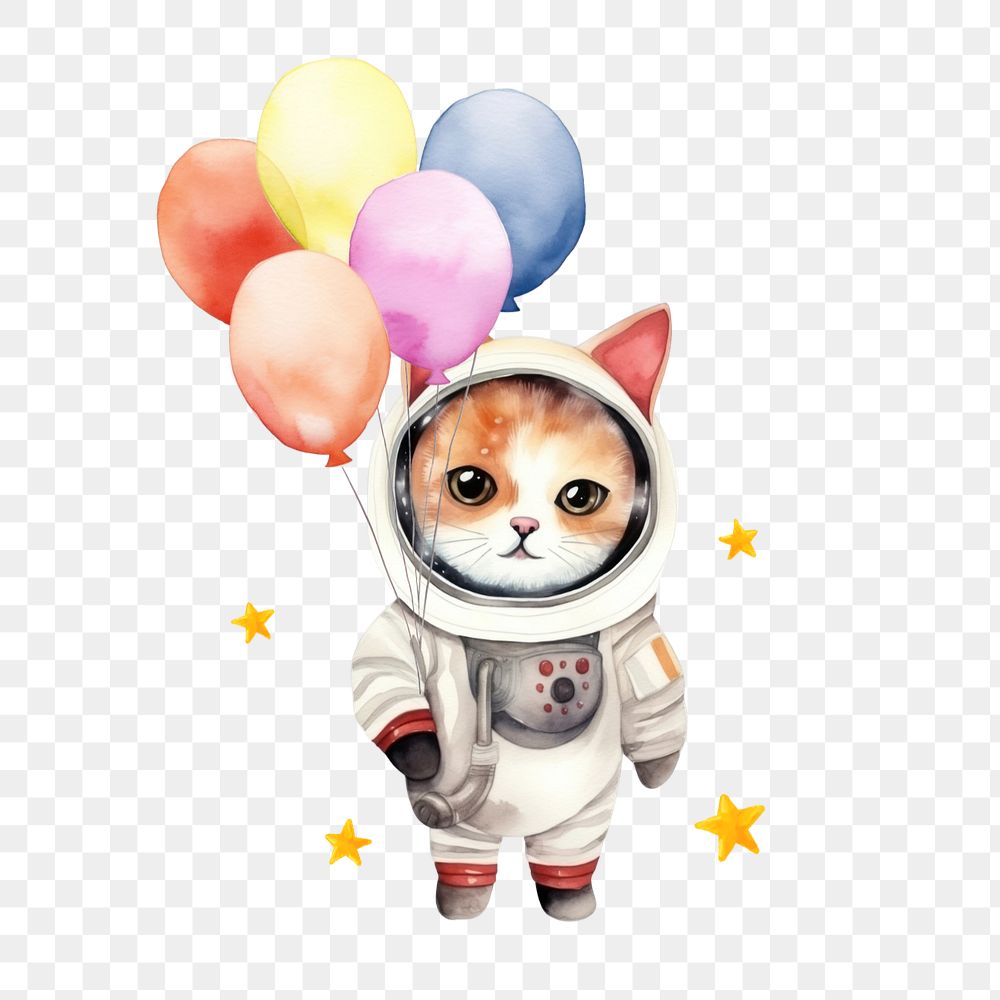 Floating cat astronaut png, watercolor illustration, editable remix