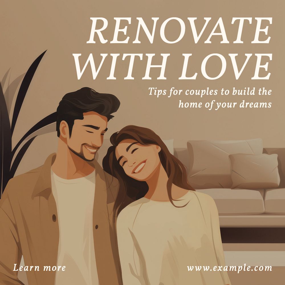 Couple's renovation Instagram post template, editable text