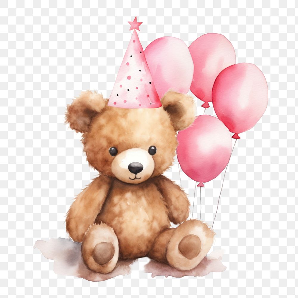 Birthday teddy bear png, pink watercolor illustration, editable remix