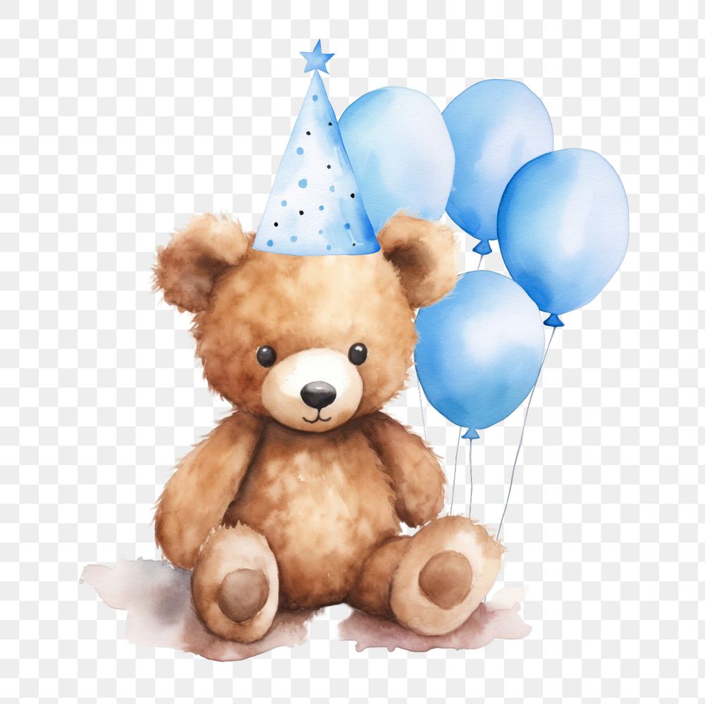 Birthday teddy bear png, blue watercolor illustration, editable remix