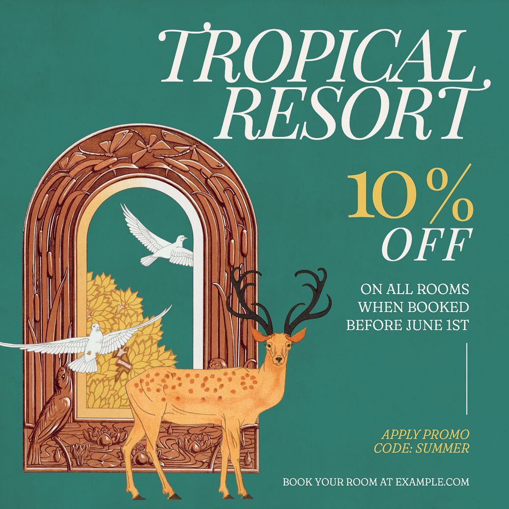 Tropical resort Instagram post template, editable text